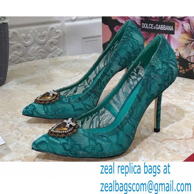Dolce & Gabbana Heel 10.5cm Taormina Lace Pumps Green with Devotion Heart 2021